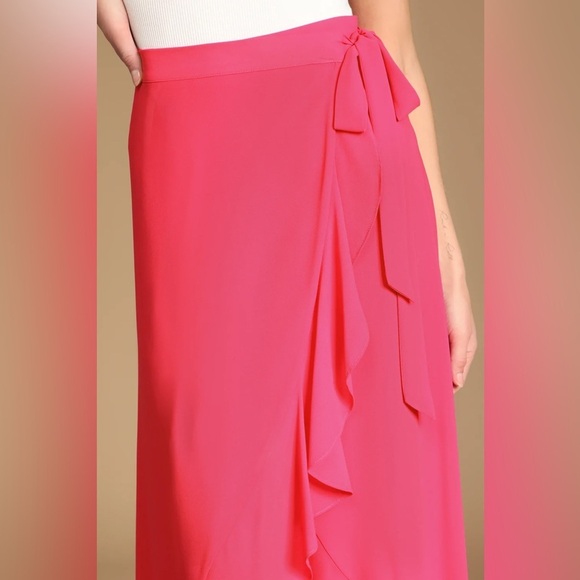 Lulu’s Genuine Happiness Hot Pink Ruffled High-Low Wrap Maxi Skirt - Picture 2 of 5
